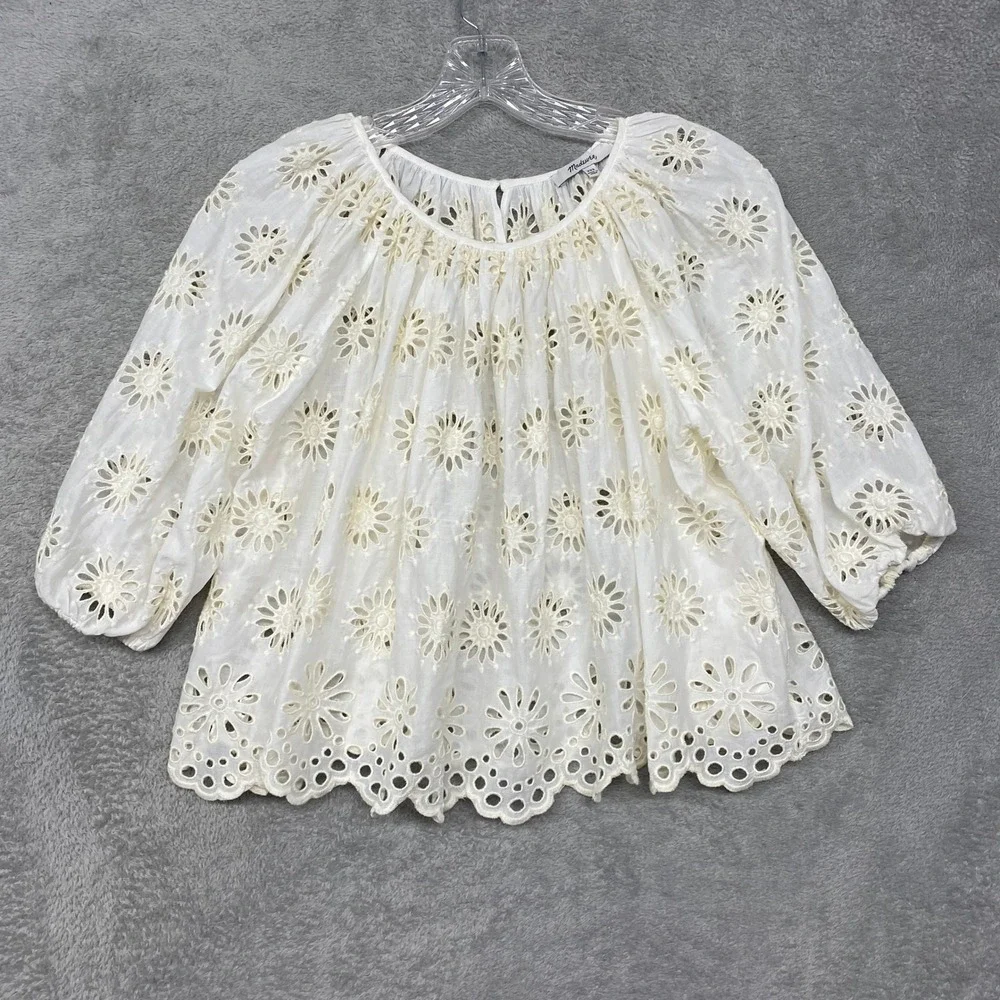 Madewell‎ Top Womens 2XS Embroidered Shirred Puff Sleeve Eyelet Cream NV195